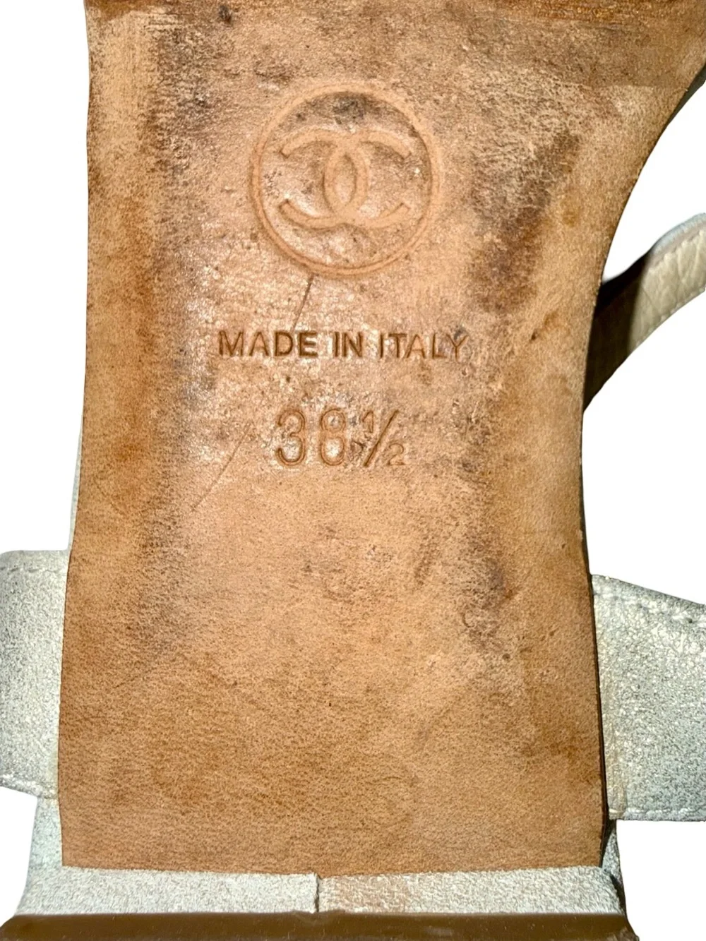 CHANEL GLITTER-EMBOSSED T-STRAP SANDALS